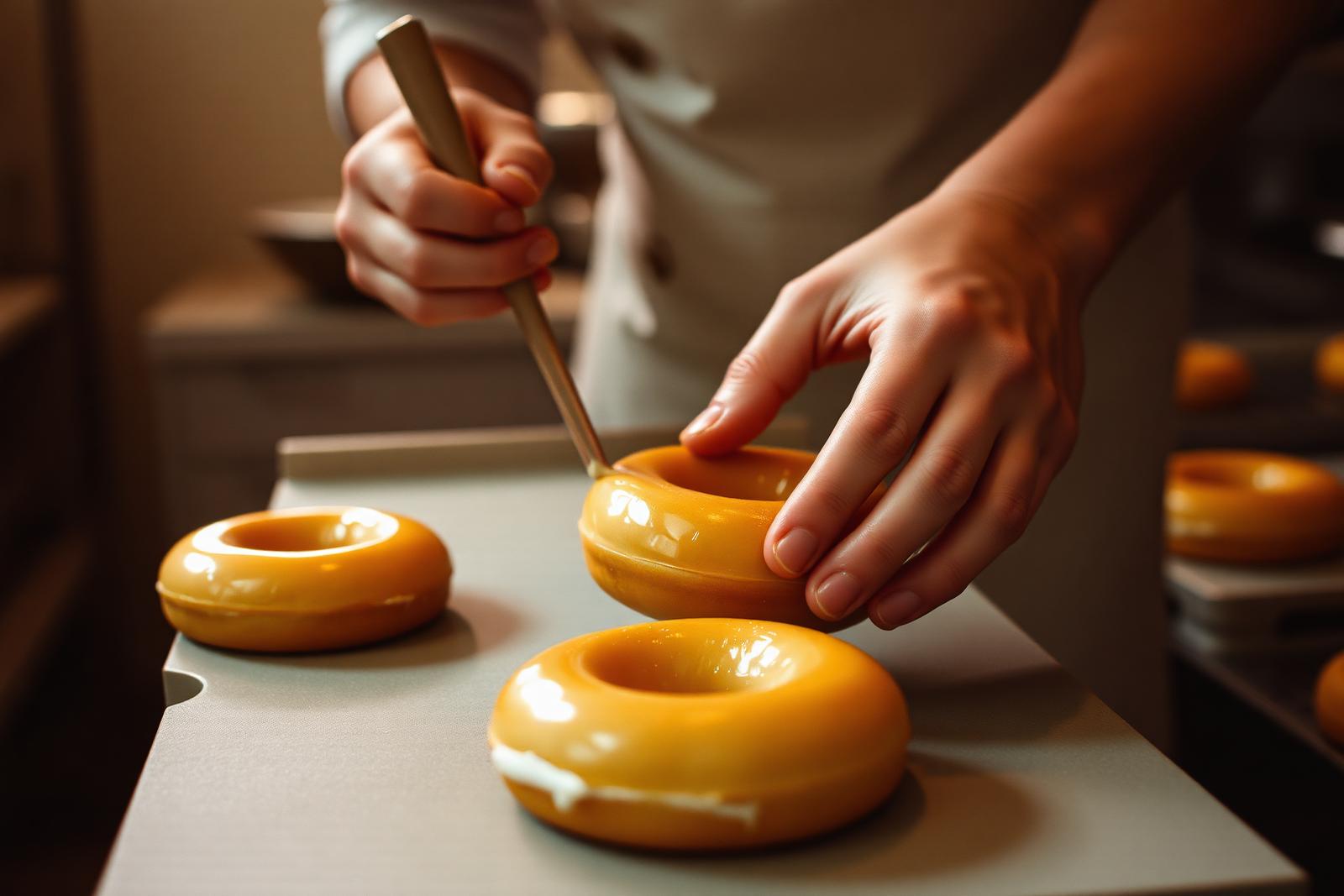 Baker glazing artisan brioche donuts at dawn